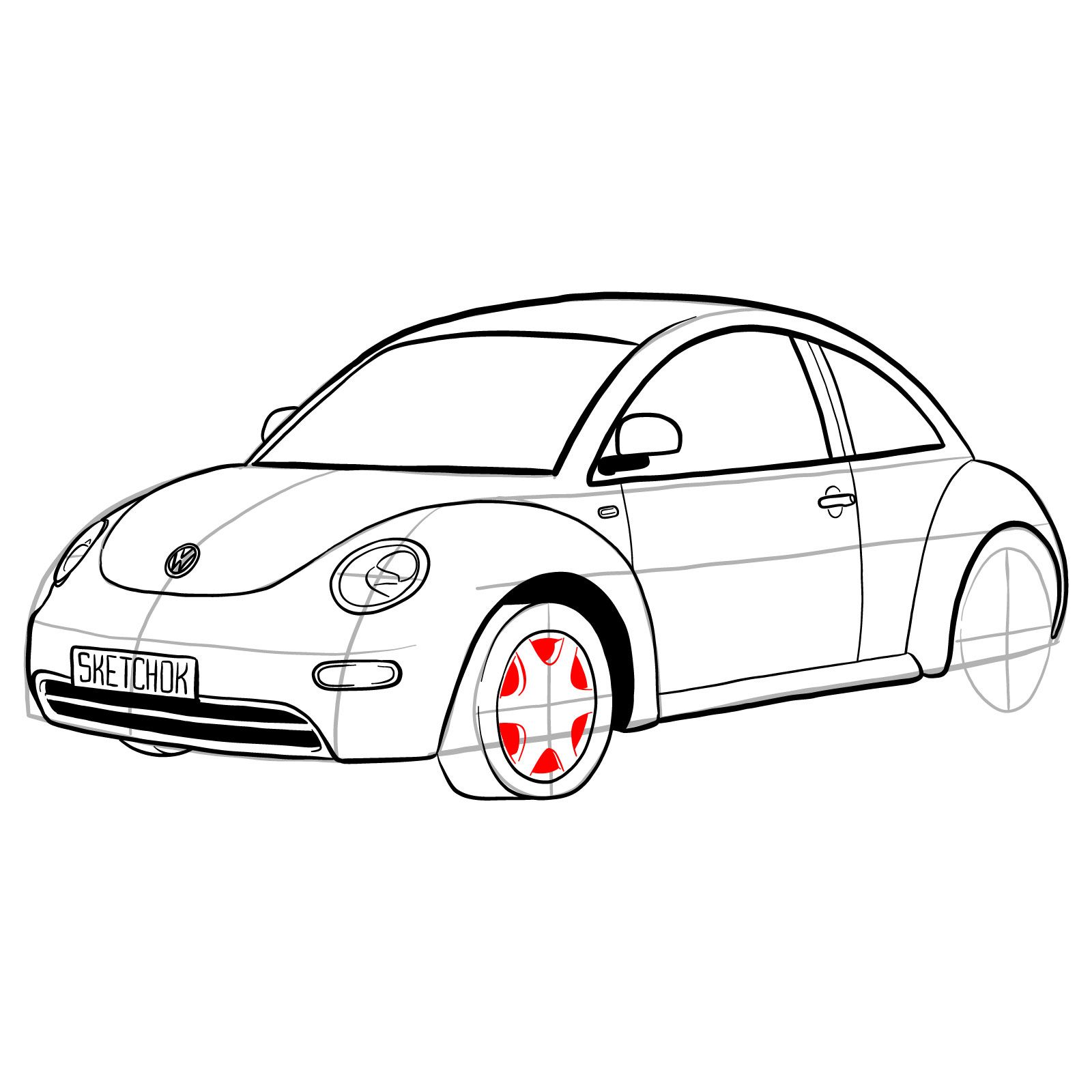 How to draw Volkswagen New Beetle - Sketchok easy drawing guides