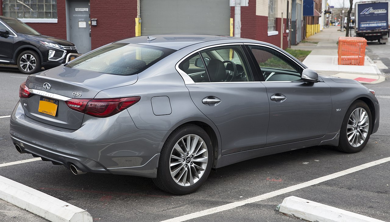 File:2019 Infiniti Q50 3.0t Luxe AWD in Graphite Shadow, rear right.jpg -  Wikimedia Commons